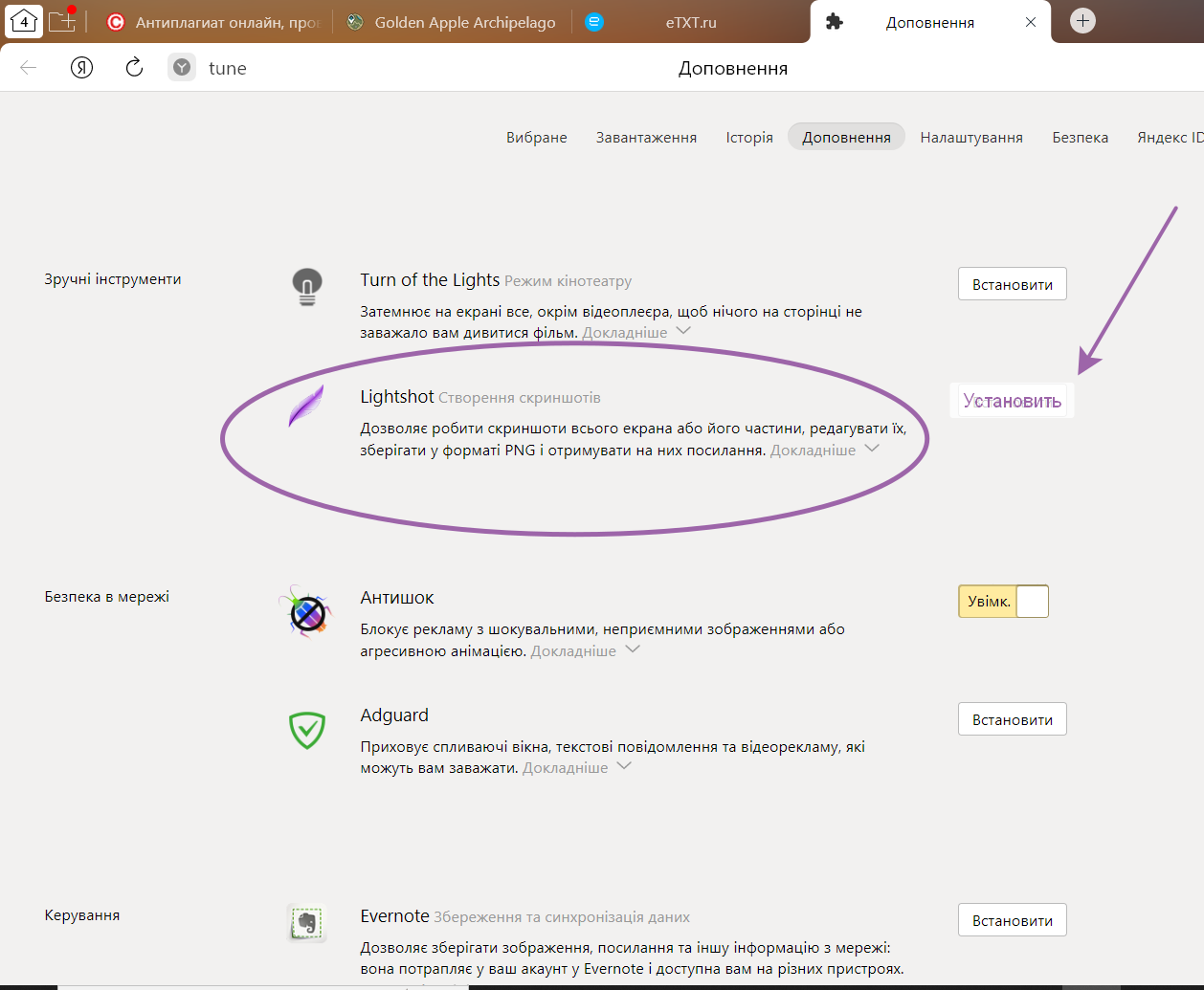 Лайтшот в Яндекс браузере